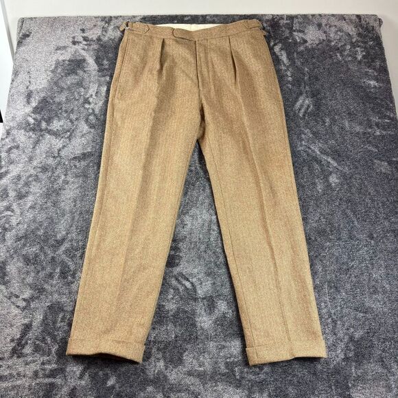 Vtg Polo Ralph Lauren Herringbone Cinch Waist Cuffed Pants Brown 36X30 Wool - Picture 1 of 15